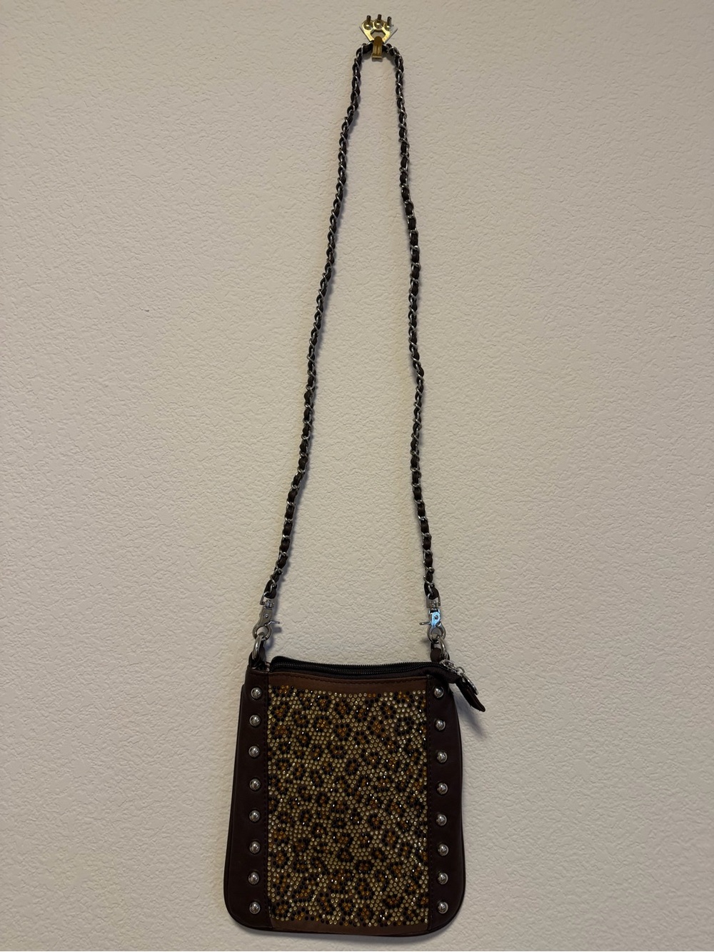 Stud-Trim Brown Beaded Crossbody Bag with Chain Strap
